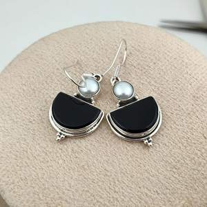 Black Onyx And Pearl <b>Dangle</b> <b>Earrings</b> Sterling <b>Silver</b> Boho Handmade Black And White Gemstone Elegant Jewelry Gift - Product Image 5