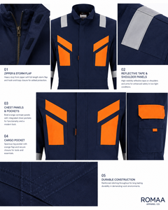 Navy Blue Orange Silver Custom Reflective Spandex Hi Visibility <b>Waterproof</b> Anti-Bacterial Workwear Coverall Industrial Boiler - Product Image 4