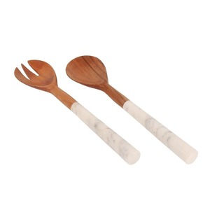 Wood Salad <b>Servers</b> with Marble Handles Eco-Friendly Dishwasher Safe Kitchen Utensils - Product Image 1