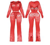 Ensemble de survêtement décontracté pour femme, rouge, à capuche, 2 pièces, avec pantalon sportif long jusqu'aux chevilles et haut court zippé, coupe régulière