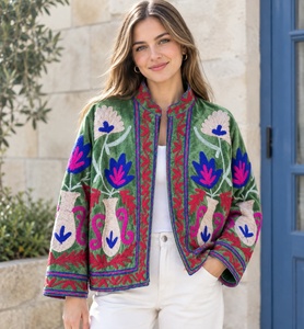 <b>Women's</b> Green Velvet <b>Embroidered</b> Floral <b>Jacket</b> Boho Zip Up Coat with Stand Collar <b>Women</b> Stand Collar <b>Jacket</b> Green Velvet Coat - Product Image 1