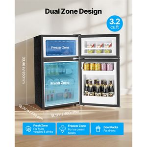 Congelatore Frigorifero Compatto a Due Porte da 3.2 Cu.Ft ad Alta Efficienza Energetica con 3 Ripiani a Temperatura Regolabile per Uso Domestico - Product Image 2