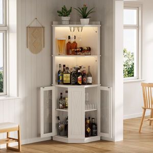 Mueble Bar para Vinos Estilo Rústico de 67.3 Pulgadas con Estantes Ajustables, Enchufe y Luces, Gabinetes de Bar Esquineros de Vidrio - Product Image 1