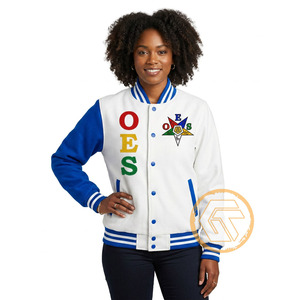 Veste universitaire OES blanche et bleue à manches longues avec logo brodé sur le devant, col montant, pour femme, automne, en satin imperméable - Product Image 2