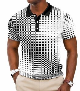 Polo à manches courtes pour homme à motif géométrique noir et blanc, imprimé numérique, décontracté, respirant, tissé, coupe classique - Product Image 1