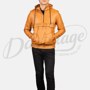 Chaqueta con Capucha de Cuero Genuino Color Camel para Hombre, con Cierre de Cremallera de un Cuarto, Bolsillo Frontal, Cintura Elástica, Estilo Casual Anorak - Product Image 4