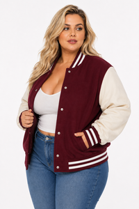 Women's Winter Solid Casual Warm <b>Woolen</b> Varsity Jacket Letterman Bomber Jacket Contrasting Sleeve Regular Fit Windproof Pockets - Product Image 3