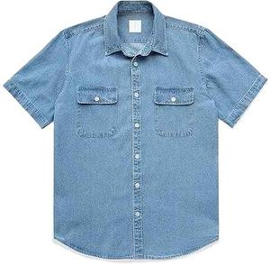 Chemise en jean coupe droite en gros, manches courtes, coton, décontractée, boutonnée, streetwear d'été, fabricant OEM de chemises en jean oversize - Product Image 1