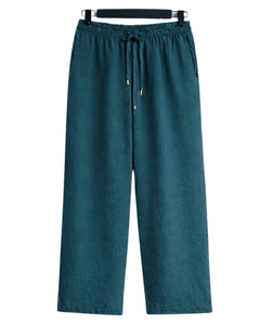 Ensemble deux pièces décontracté pour femme : chemise orange rouille et pantalon large bleu marine en coton et lin – Fabricant OEM personnalisé - Product Image 1