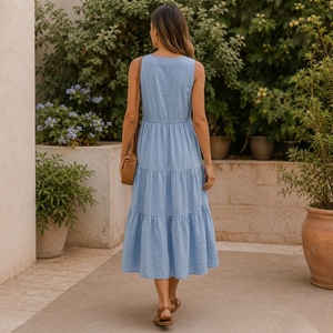 Vestido midi con cuello en V, sin mangas, corte en A, de algodón, informal, de verano, color liso, transpirable, ajuste holgado, cintura natural - Product Image 6