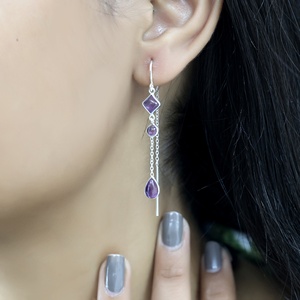 Natural Amethyst 925 Sterling Silver Threader Earrings Long Chain Geometric <b>Purple</b> Gemstone Drop Dangle Earrings Wholesale - Product Image 2