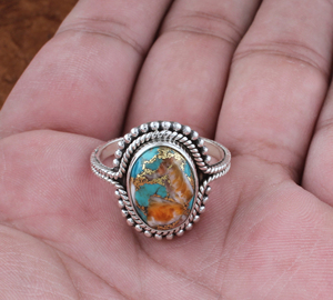 Vintage Style Spiny Oyster Copper <b>Turquoise</b> Silver <b>Ring</b> Unique Multi-Color Gemstone Jewelry Antique Finish 925 Silver Boho <b>Ring</b> - Product Image 3