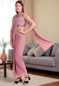 Sari prêt-à-porter KV pour femme, design original, avec blouse intégrée, en mélange de Lycra (rose) - Product Image 1