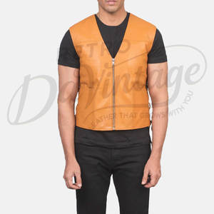 Chaleco de Cuero Genuino Amarillo Mostaza Personalizado para Hombre, Corte Ajustado, Cuello en V, Cierre de Cremallera, Sin Mangas, Estilo Motero - Product Image 3