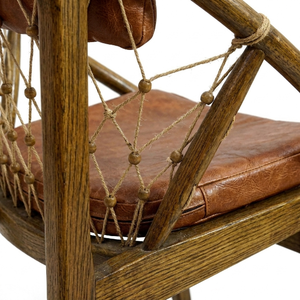 Fauteuil en rotin moderne fait main avec dossier en cuir PU, pieds en bois massif, chaise longue rembourrée marron pour salon, hôtel, villa - Product Image 3