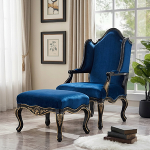 Fauteuil lounge et ottoman en bois massif à dossier haut |   Salon de suite d'hôtel |   Cadre sculpté néoclassique |   Fabricant de meubles OEM - Product Image 3
