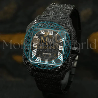 Montre de luxe Hip Hop carrée en alliage avec moissanite VVS, 100 % testée au testeur de diamants, résistante à l'eau, unisexe, entièrement noire avec diamants