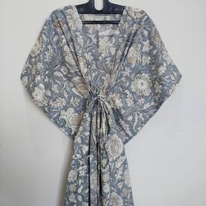 Robe Kaftan Indienne Faite Main en Coton Imprimé Floral et Dentelle, Col en V, Longueur Genou, Style Vintage, Coupe Évasée, Cache-Maillot de Plage - Product Image 1