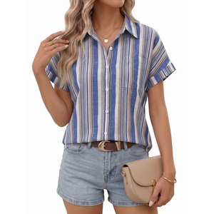 Chemise décontractée pour femme 100% coton, col rabattu, manches courtes, boutonnée, haut d'été décontracté, respirant, écologique - Product Image 6