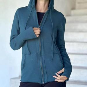 <b>Women</b> Hooded Zipper Sweatshirt Solid Color Long Sleeve Knitted Cotton Breathable Autumn Wear - Product Image 5