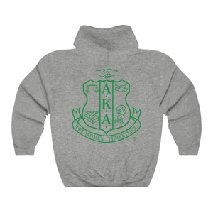 Sudadera con Capucha AKA Crest World Famous, Color Gris Jaspeado Atlético, Bordado Verde, Ropa Griega Personalizada - Product Image 2