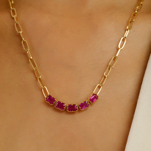 Collar con Colgante de Cinco Piedras en Forma de Octágono de 6x4 mm, Cadena de Eslabones Tipo Clip, Regalo de Boda Apilable, Joyería de Oro Amarillo Sólido de 18K - Product Image 2