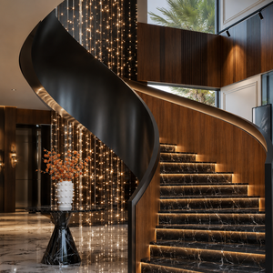 Escalier courbé en marbre noir de luxe avec éclairage LED intégré dans les marches, rampe en bois moderne pour la décoration intérieure de villas et d'hôtels - Product Image 3