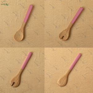 Ensemble de 2 cuillères et fourchettes en bambou durables et écologiques avec poignée rose Ensemble de vaisselle de cuisine en bambou naturel pour cadeaux publicitaires - Product Image 1