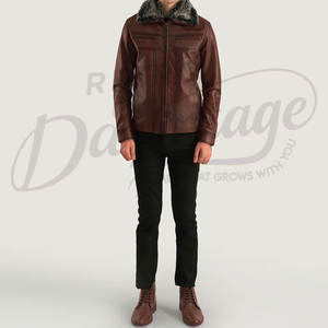 Chaqueta de Cuero Marrón para Hombre con Cuello de Piel Sintética Gris, Abrigo Acolchado Cálido para Invierno, Estilo Casual de Negocios, Corte Ajustado - Product Image 3