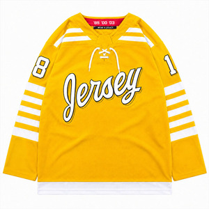 Maillot de hockey sur glace jaune avec rayures blanches et numéros 8 et 1, manches longues, col en V, vêtements unisexes respirants - Product Image 1