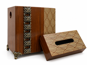 Lot de 2 poubelles rectangulaires modernes en bois, ensemble de boîtes à mouchoirs, distributeur 6-en-1, poubelle artisanale écologique de qualité alimentaire avec pieds en laiton - Product Image 1