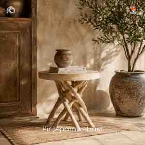 Bumi <b>Rustic</b> Solid Wood Occasional <b>Side</b> <b>Table</b> Elegant Round Accent Stool Twig Base for Living Room Hotel Resort Jepara - Product Image 1