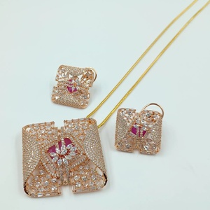 Victorian <b>Ruby</b> Emerald Crystal CZ Pendant Set Gold Plated Trendy IGI Certified Statement <b>Necklace</b> with Earrings for Gift - Product Image 3