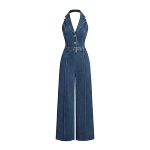 Combinaison Salopette en Jean Bleu Taille Haute pour Femme avec Poches Coupe Droite Tendance Streetwear Vêtement de Mode - Product Image 3