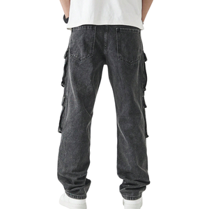 Pantalones Cargo de Mezclilla Negros Lavados para Hombre, Corte Relajado, Multibolsillos, Pierna Recta, Jeans Utilitarios, Pantalones Casuales de Estilo Urbano para Uso Diario - Product Image 2
