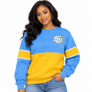 Sudadera Personalizada al por Mayor de la Universidad del Sur SU, Sudadera Varsity con Bloques de Color Azul y Dorado HBCU, Bordada, de Forro Polar - Product Image 3