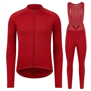 Conjunto de Jersey de Ciclismo Personalizado para Hombre, Manga Larga, Térmico, Transpirable, con Culotte, Color Rojo - Product Image 1