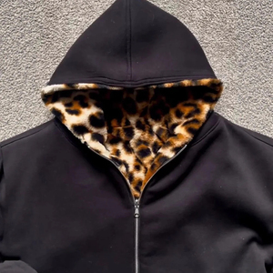 Custom Logo Autumn and Winter New Fashion Retro Leopard Print Hooded Zipper Double-sided Sweatshirt Jacket - Product Image 4