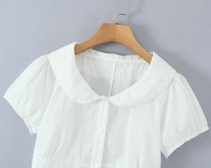 Women’s White Cotton Crop <b>Top</b> Peter Pan Collar Button Up Lace Up Short Sleeve Casual Summer Fashion Tee - Product Image 4