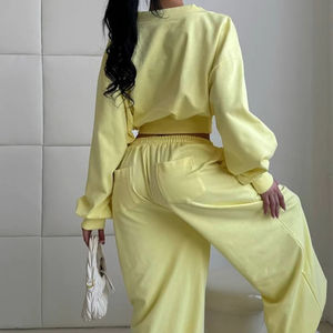 2026 Women's Casual Solid Pattern Crop Hoodie Joggers Breathable Fleece Track Suit Long Plain Dyed Technics for Active Wear - Product Image 6