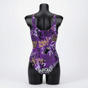 Traje de baño para mujer, tela de poliéster y spandex de 200 GSM, estampado gráfico morado, traje de baño con logo personalizado por sublimación para mujer. - Product Image 5