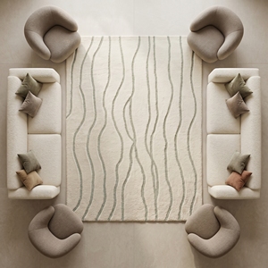 Alfombra Contemporánea con Diseño de Ondas, Hecha a Mano, de Lana Verde Marfil, para Interiores de Lujo - Product Image 2