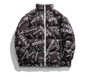 <b>Men's</b> <b>White</b> Printed Puffer Jacket With Stand Collar Zipper Closure Windproof Casual Winter <b>Coat</b> Thick Polyester Regular Fit - Product Image 4