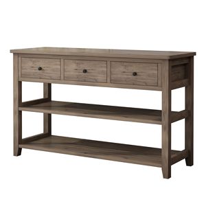 Consolle grigia con 3 cassetti e 2 ripiani aperti, gambe in legno di pino e rovere, per ingresso appartamento, mobile da divano per l'arredamento della casa - Product Image 3