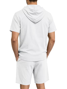 Men Breathable Knitted Solid Hooded Shirt Set Short Sleeve Button-Up Top Elastic Waist Shorts Casual Summer Outfit - Product Image 4