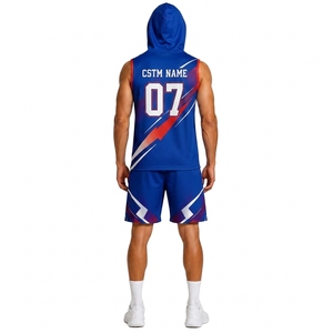 Ensemble sportif décontracté pour homme : débardeur à capuche sans manches à imprimé géométrique bleu et short assorti, séchage rapide - Product Image 2