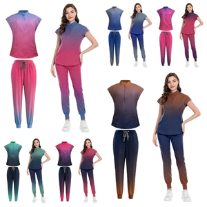 Women's Gradient Ombre Medical Scrub Set Jogger Pants Stand Collar <b>Top</b> Nurse Uniform Spa Salon Workwear Wholesale OEM - Product Image 2