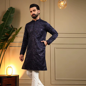 Elegante Conjunto de Kurta de Seda Real Color Crema con Bordado de Lentejuelas - Product Image 1