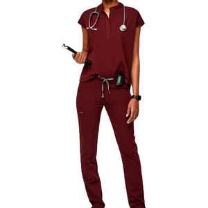 Blouse d'uniforme médical pour femme, bordeaux, à manches courtes, en polyester tissé, avec détection d'aiguilles - Product Image 3