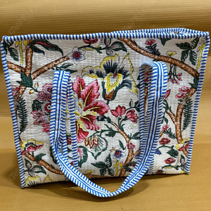 Handcrafted Quilted Floral Tote <b>Bag</b> White Blue Trim Printed <b>Fabric</b> Shoulder Handbag Lightweight Everyday Carry Shopping <b>Bag</b> - Product Image 1
